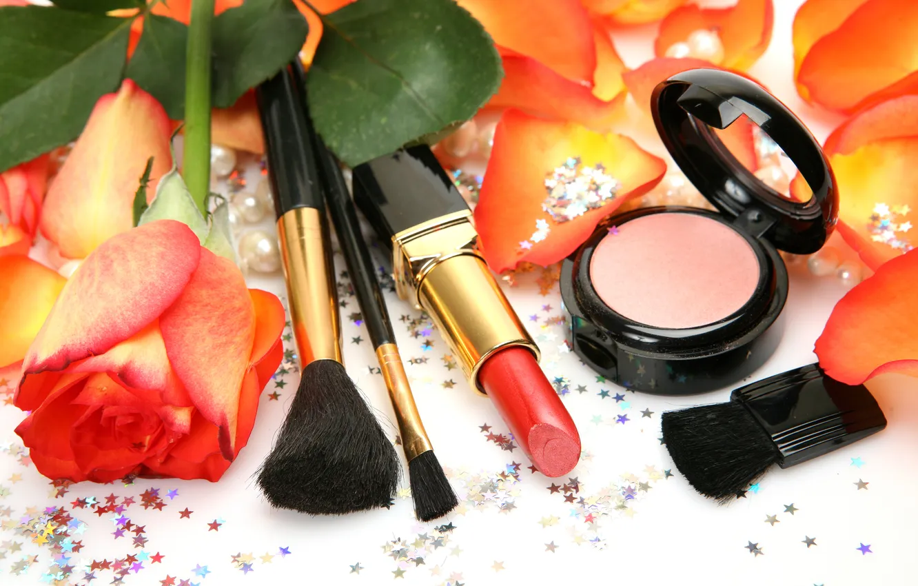 Photo wallpaper petals, mirror, lipstick, mascara, cosmetics, brush, powder