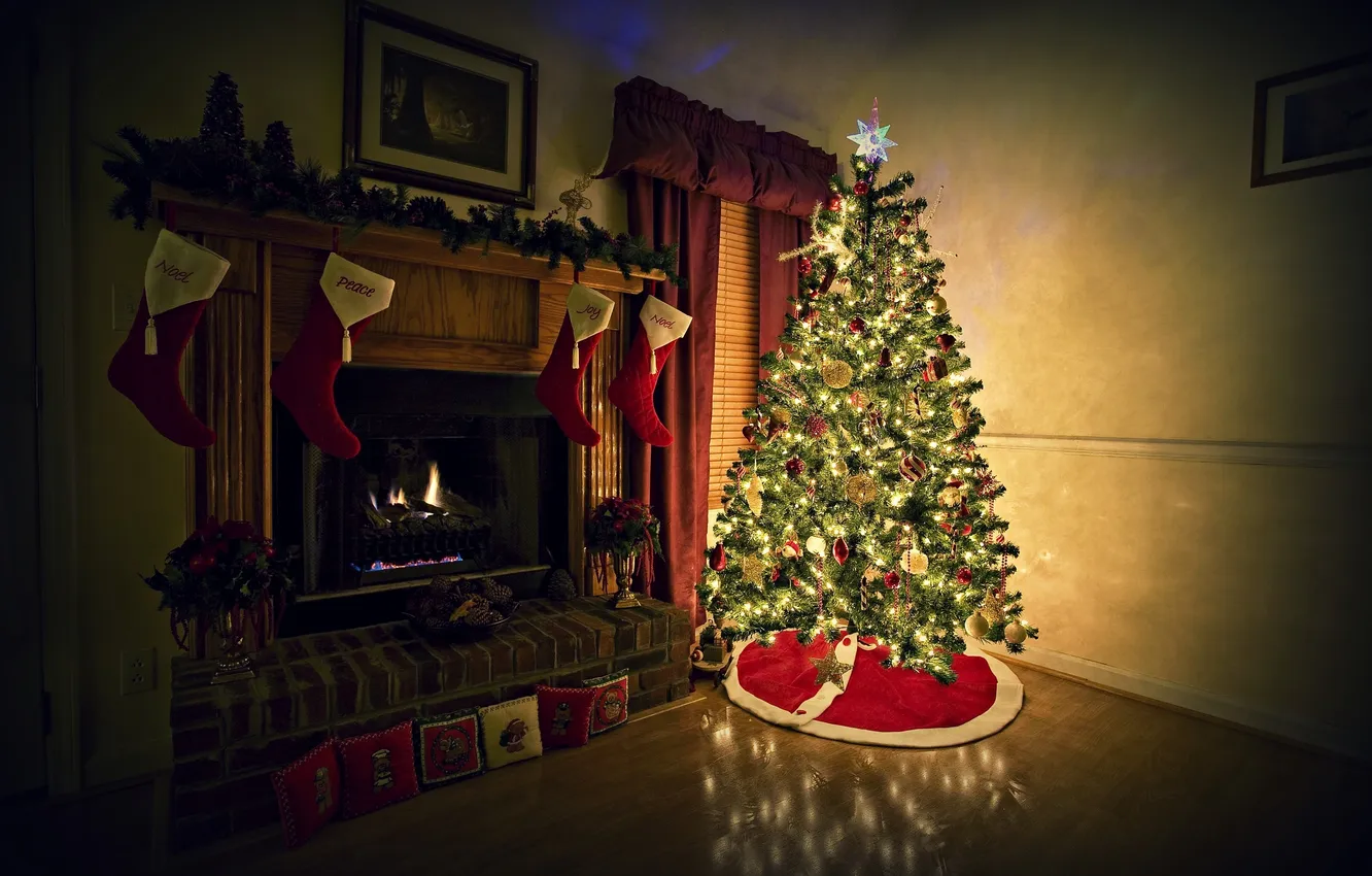 Photo wallpaper lights, background, room, holiday, Wallpaper, tree, new year, pillow