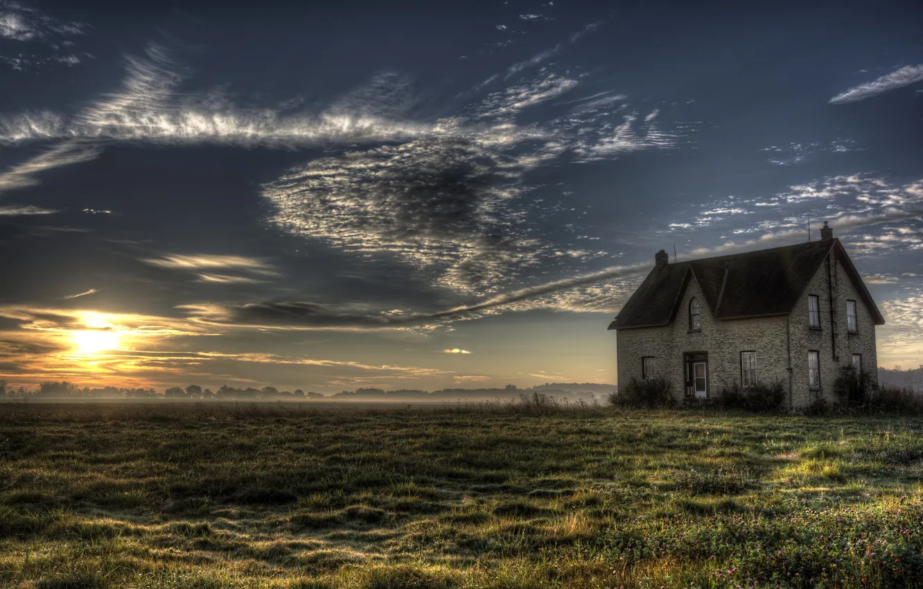 Photo wallpaper field, home, morning