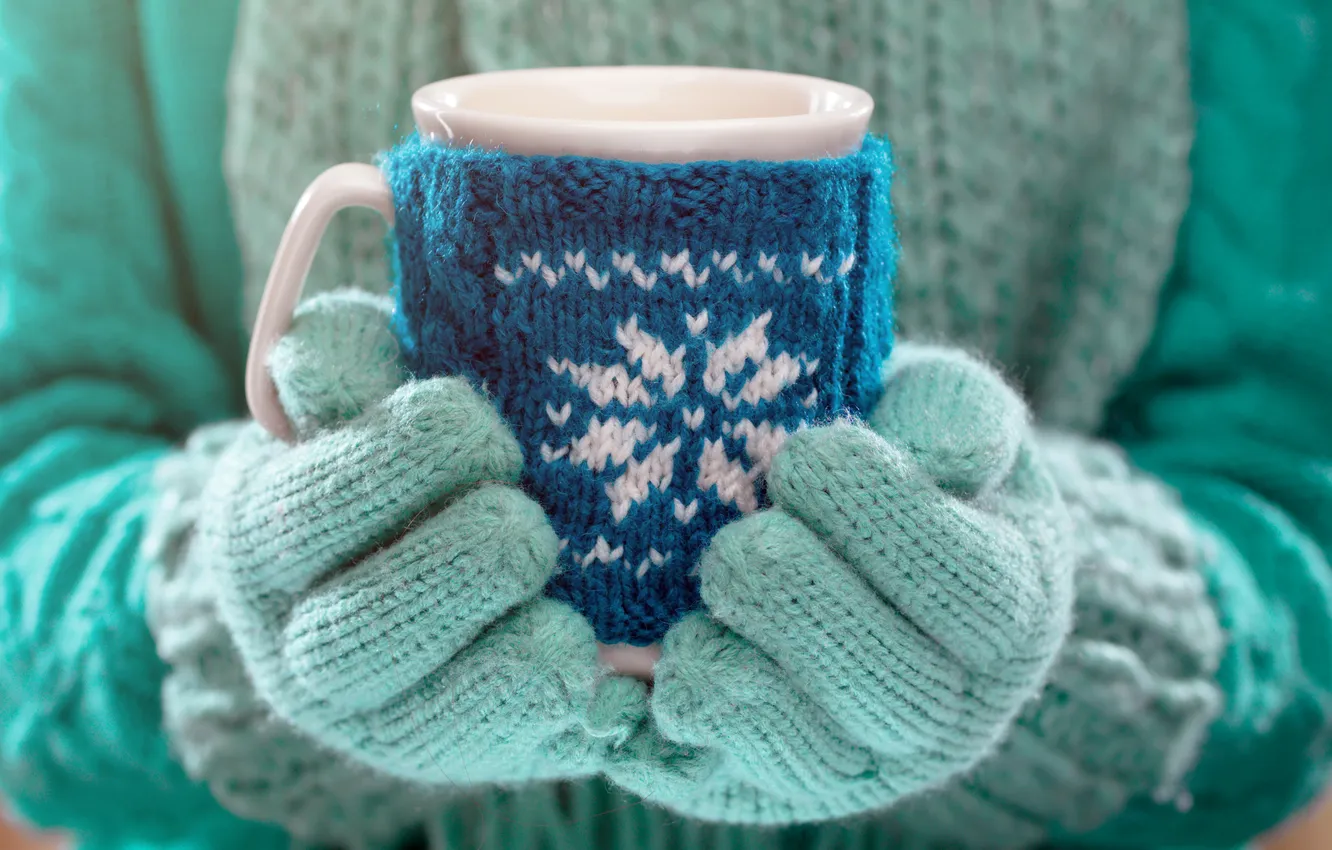 Photo wallpaper winter, hands, mug, winter, mittens, cup, cocoa, drink
