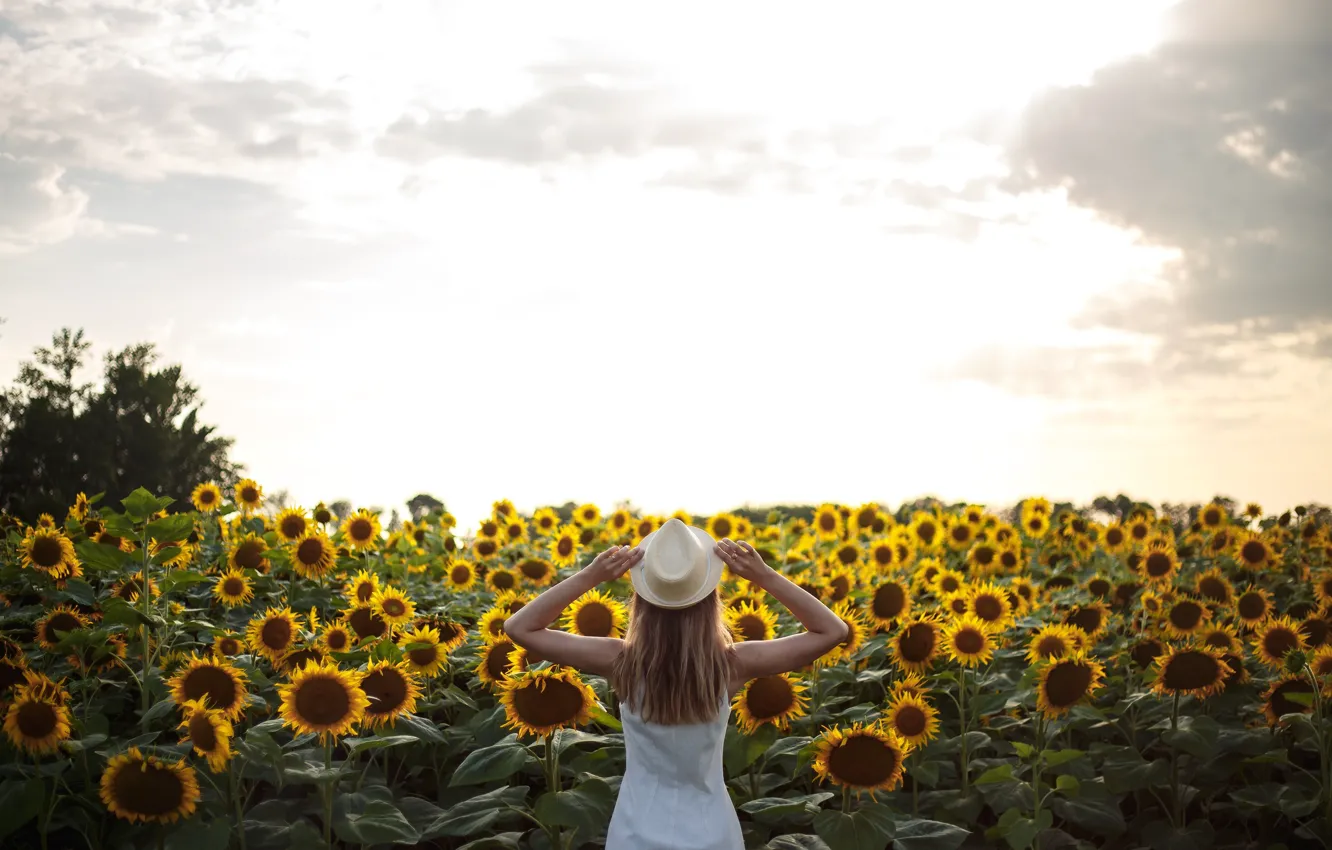Photo wallpaper the sky, clouds, sunflowers, pose, Girl, hat, Anna Kovaleva