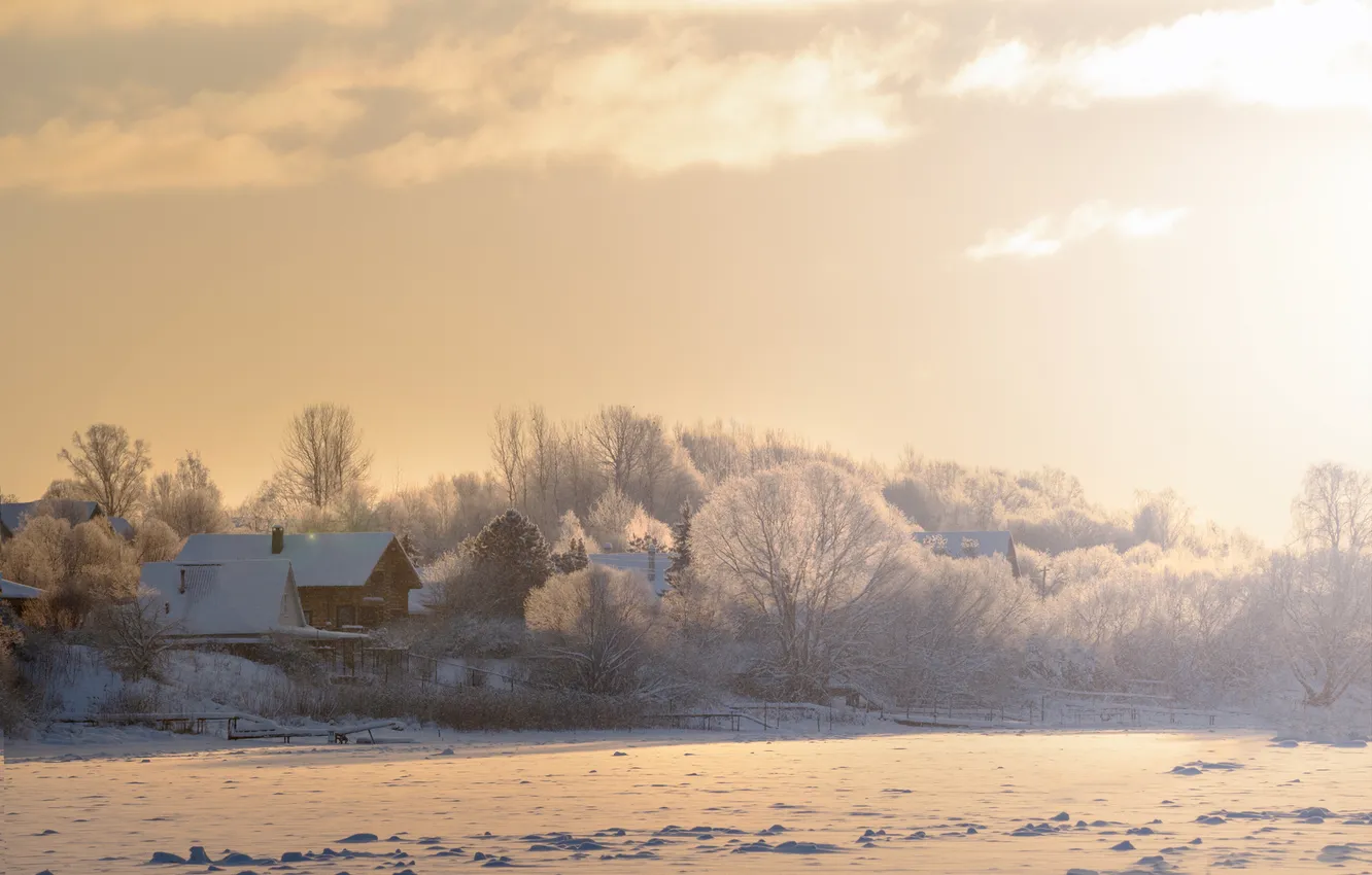 Photo wallpaper winter, the sky, trees, sunset, Gordeev Edward, house