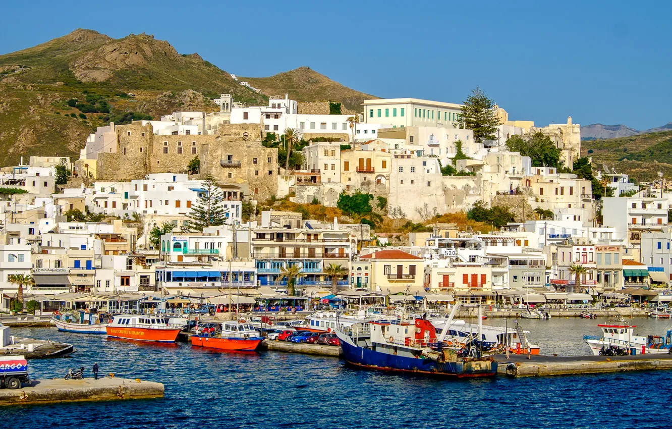 Photo wallpaper sea, mountains, Greece, boat, mountains, houses, Greece, Naxos Island