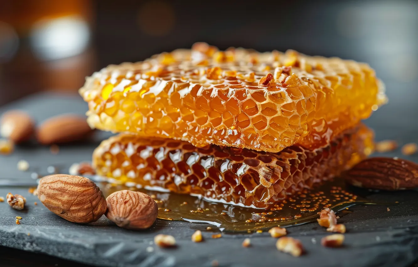 Photo wallpaper macro, cell, honey, nuts, grey background, baby, AI art, neural network