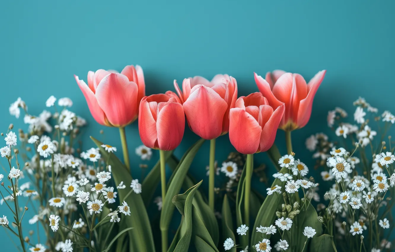 Photo wallpaper flowers, holiday, bouquet, spring, tulips, March 8, AI art, universal holiday background