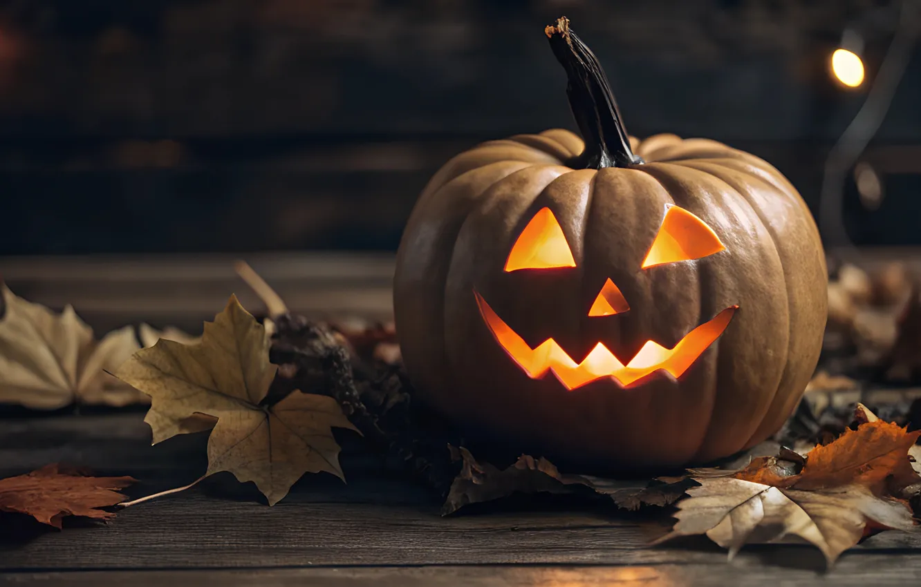 Photo wallpaper autumn, leaves, the dark background, holiday, Board, pumpkin, Halloween, the scenery
