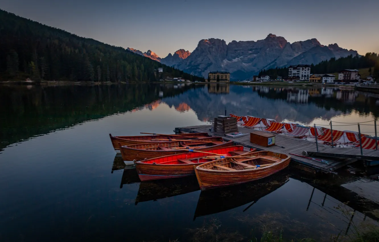 Photo wallpaper landscape, mountains, nature, lake, boat, morning, Italy, Misurina