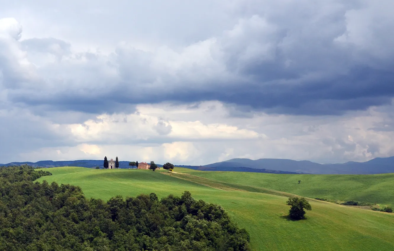 Photo wallpaper field, grass, clouds, house, hills, silhouette, Italy, Tuscany