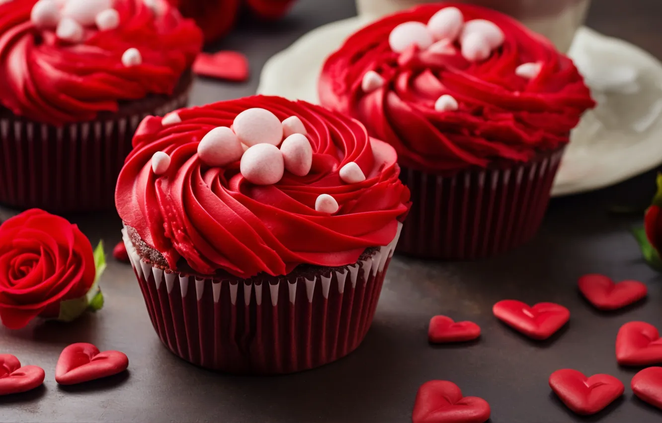Photo wallpaper roses, hearts, cream, cupcakes