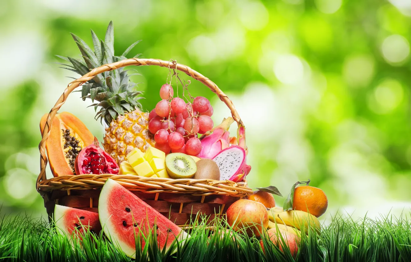 Photo wallpaper summer, grass, basket, Apple, watermelon, kiwi, grapes, pear