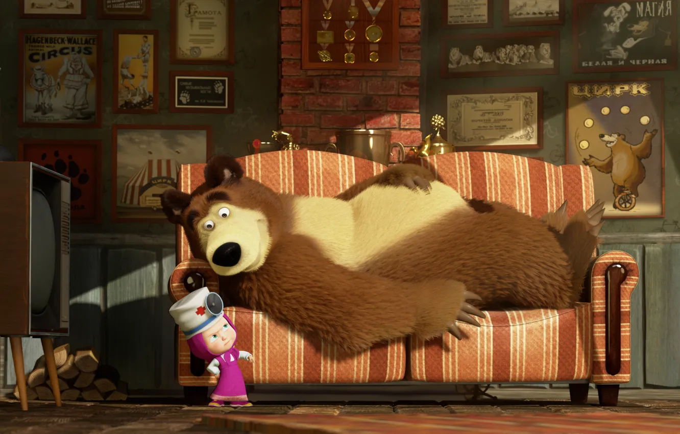 Photo wallpaper sofa, cartoon, TV, Dr., Masha and the Bear