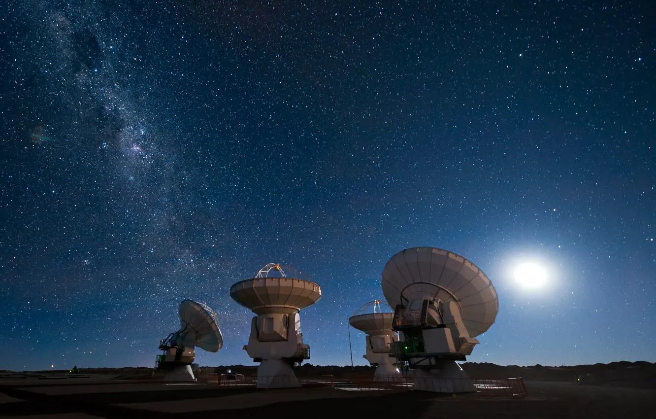 Photo wallpaper the sky, stars, the moon, the milky way, radio telescope