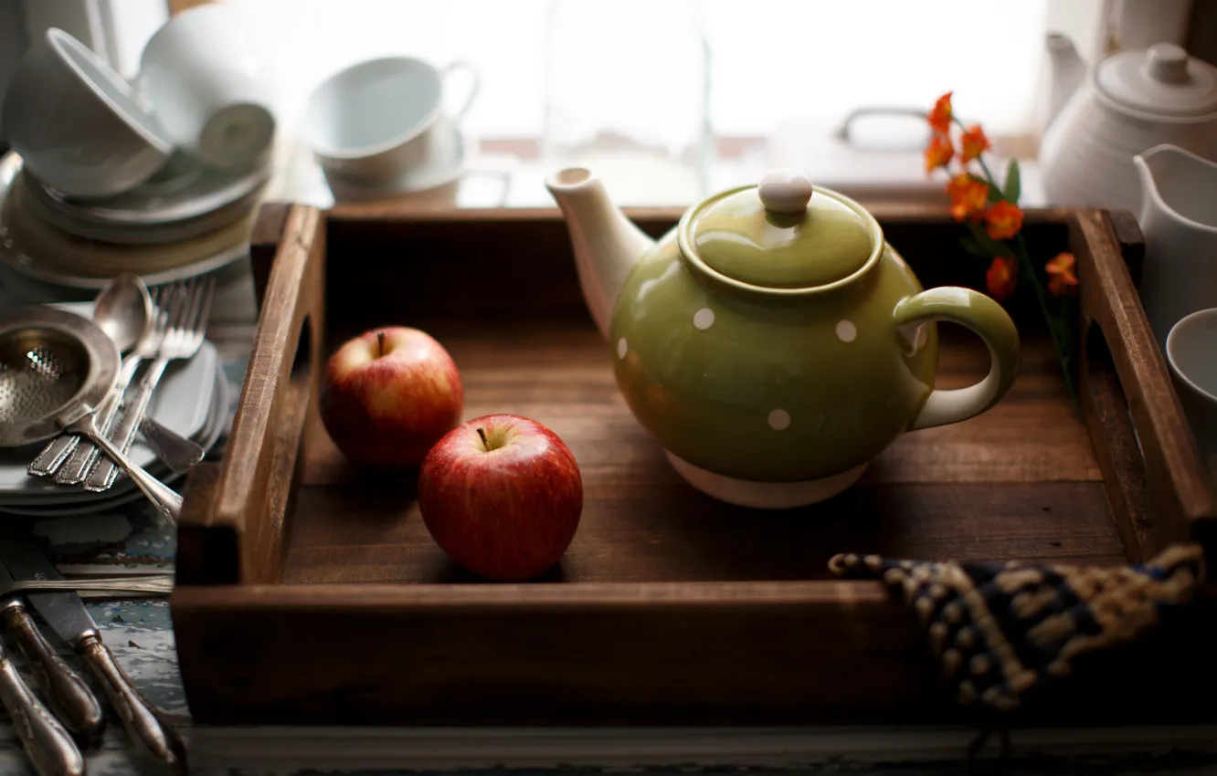 Photo wallpaper apples, kettle, still life, tray