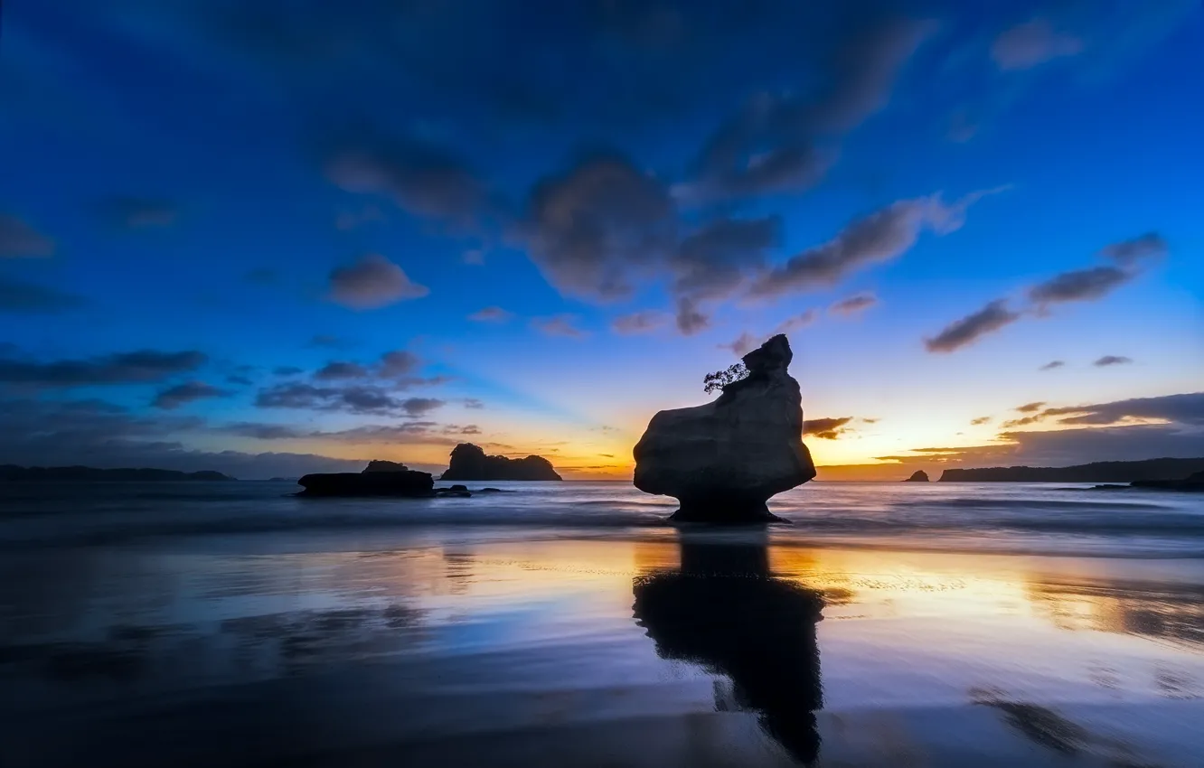 Photo wallpaper sea, the sky, clouds, sunset, rock, stones, shore, tide