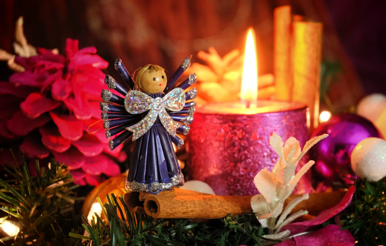 Photo wallpaper winter, holiday, toy, candle, angel, Christmas, girl, New year