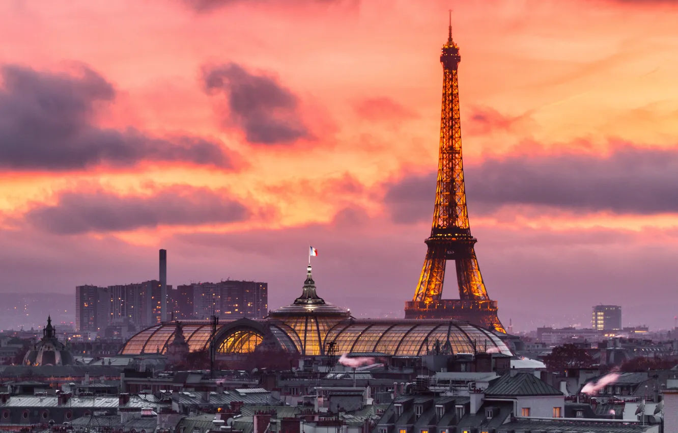 Photo wallpaper lights, France, Paris, home, the evening, panorama, glow, Eiffel tower