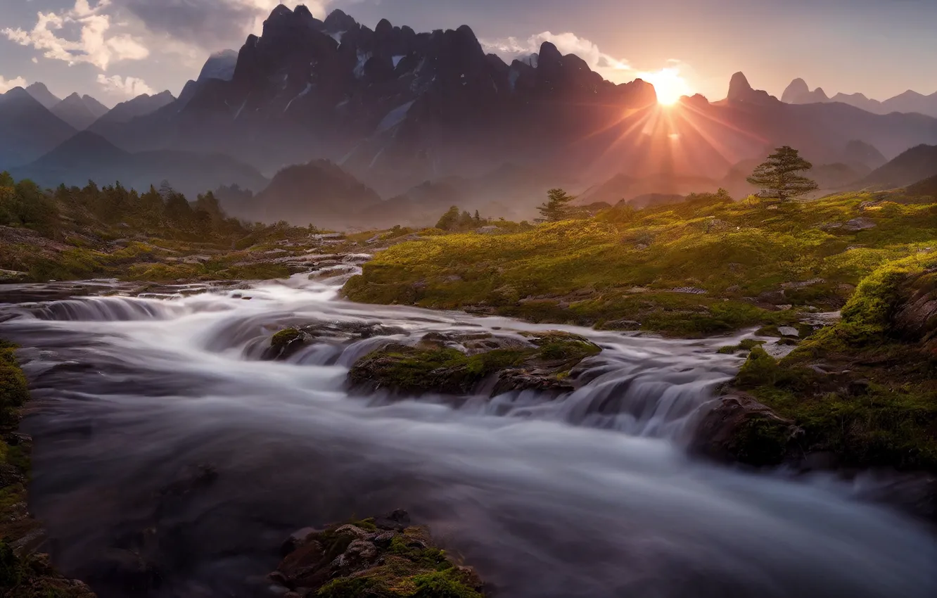 Photo wallpaper the sun, rays, light, landscape, sunset, nature, fog, river