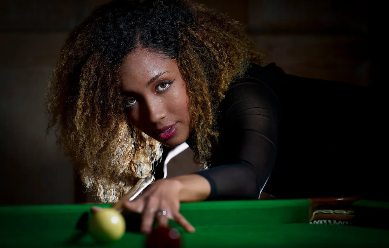 Photo wallpaper look, pose, Billiards, blurred background, black woman
