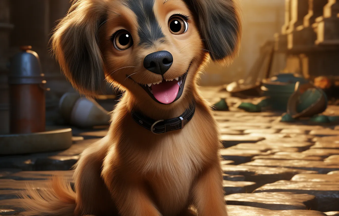 Photo wallpaper Road, Dog, Look, Puppy, Digital art, Face, AI art, The Art of Artificial Intelligence