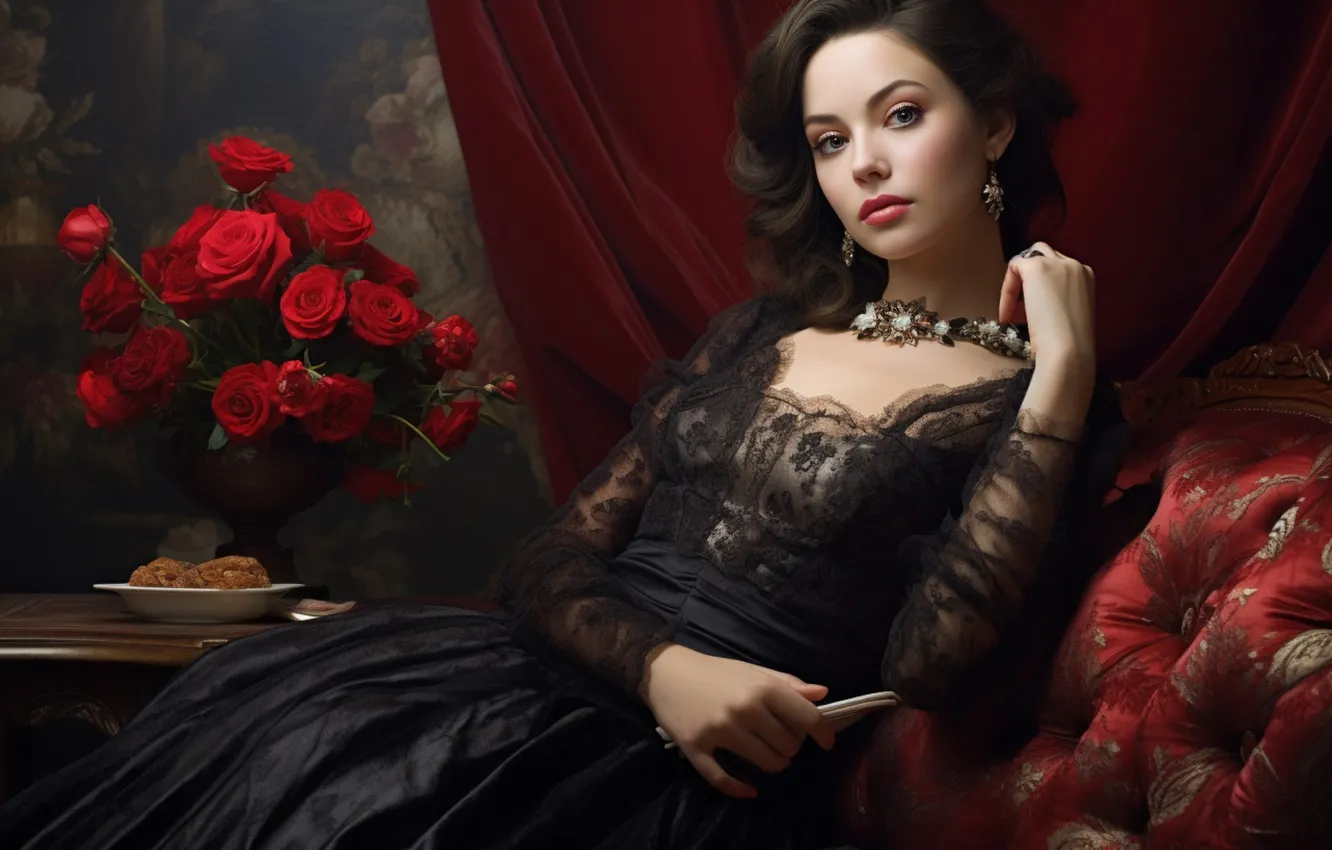 Photo wallpaper chest, look, girl, decoration, red, face, pose, room