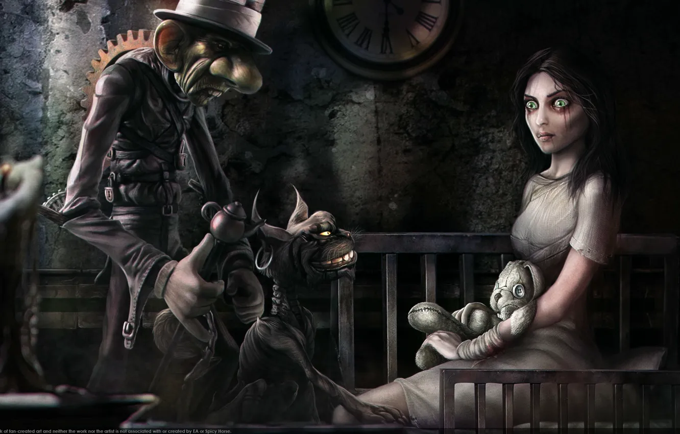 Photo wallpaper Rabbit, Watch, Candle, Alice, Bed, Alice, Madness, Cheshire Cat
