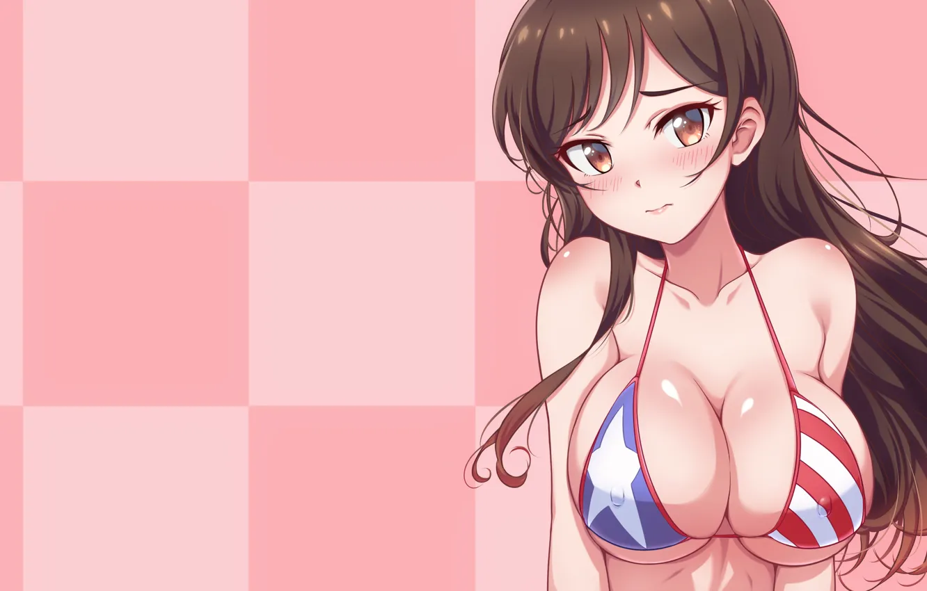 Photo wallpaper girl, sexy, cleavage, long hair, brown eyes, boobs, anime, beautiful