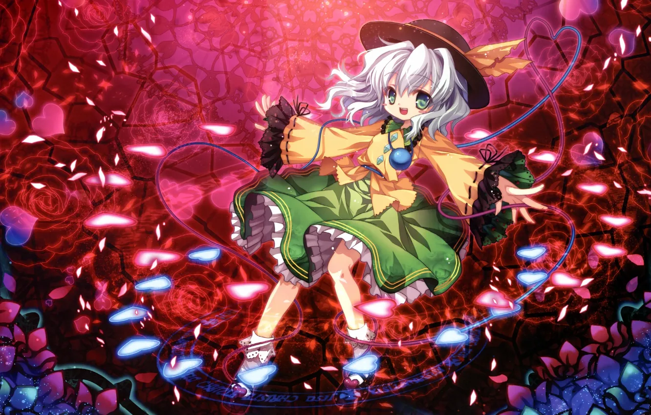 Photo wallpaper circles, joy, flowers, hat, petals, art, girl, hearts