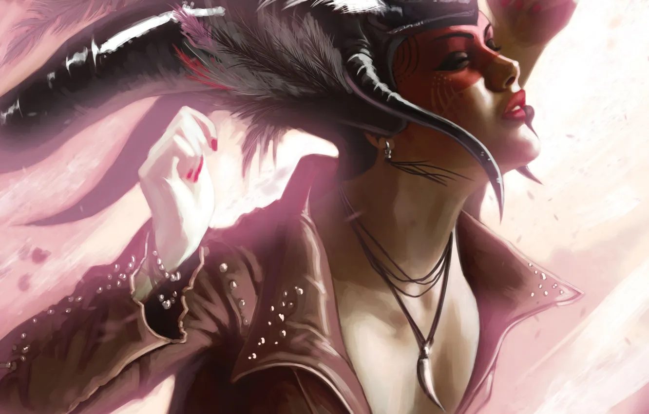 Photo wallpaper girl, feathers, art, coloring, neckline, headdress, savage, daniel andrews