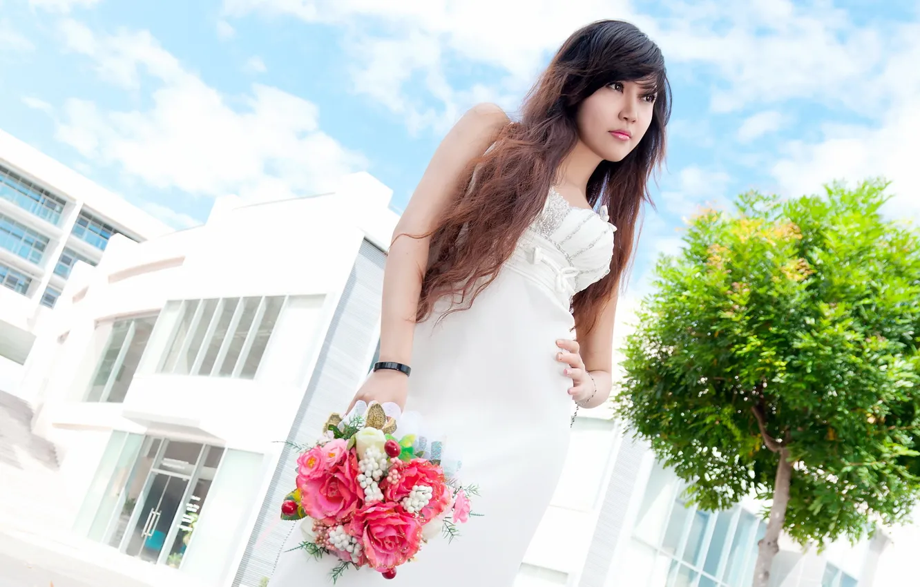 Photo wallpaper girl, flowers, Asian