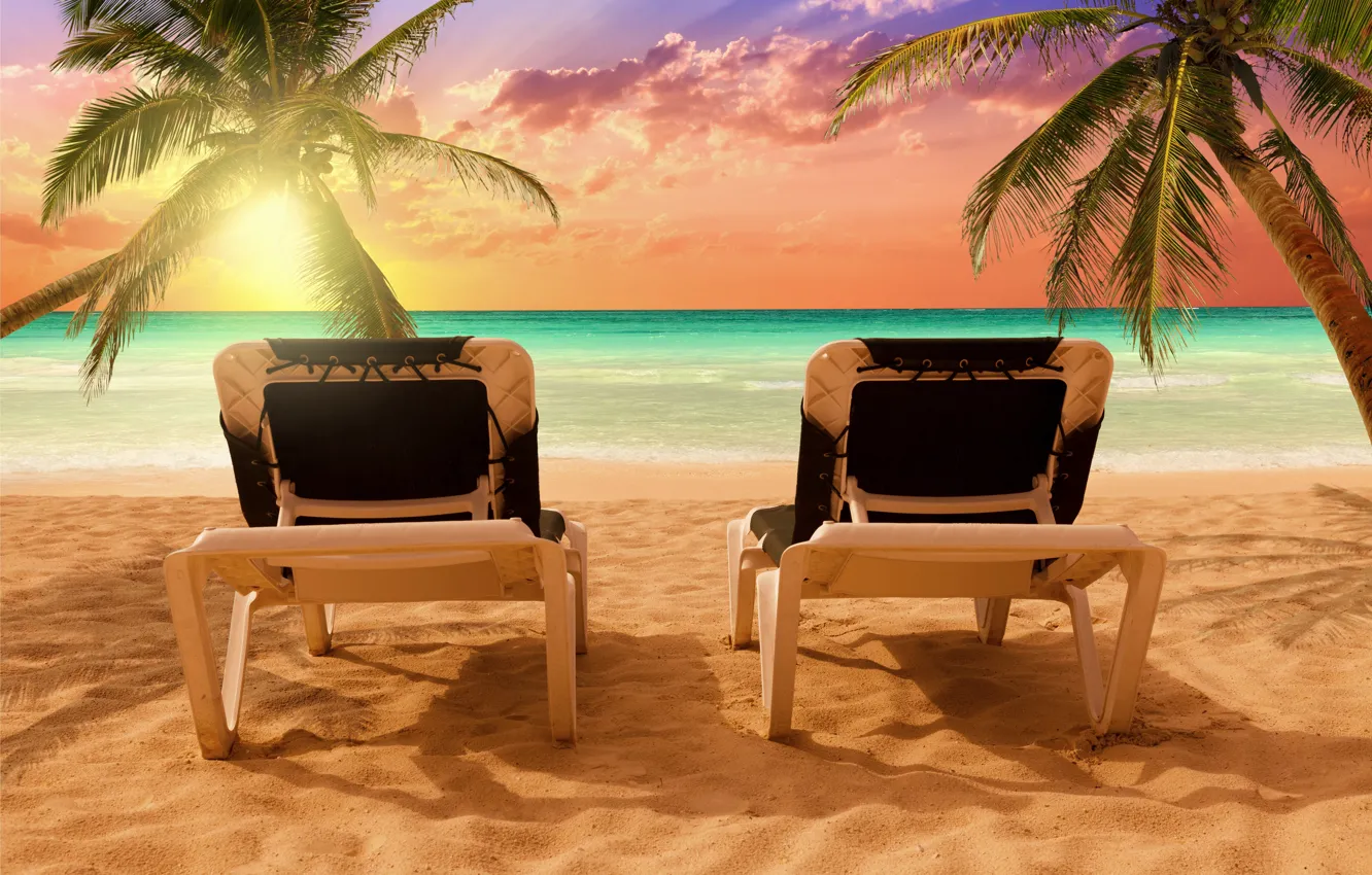 Photo wallpaper sand, sea, beach, the sun, palm trees, shore, beach, sea
