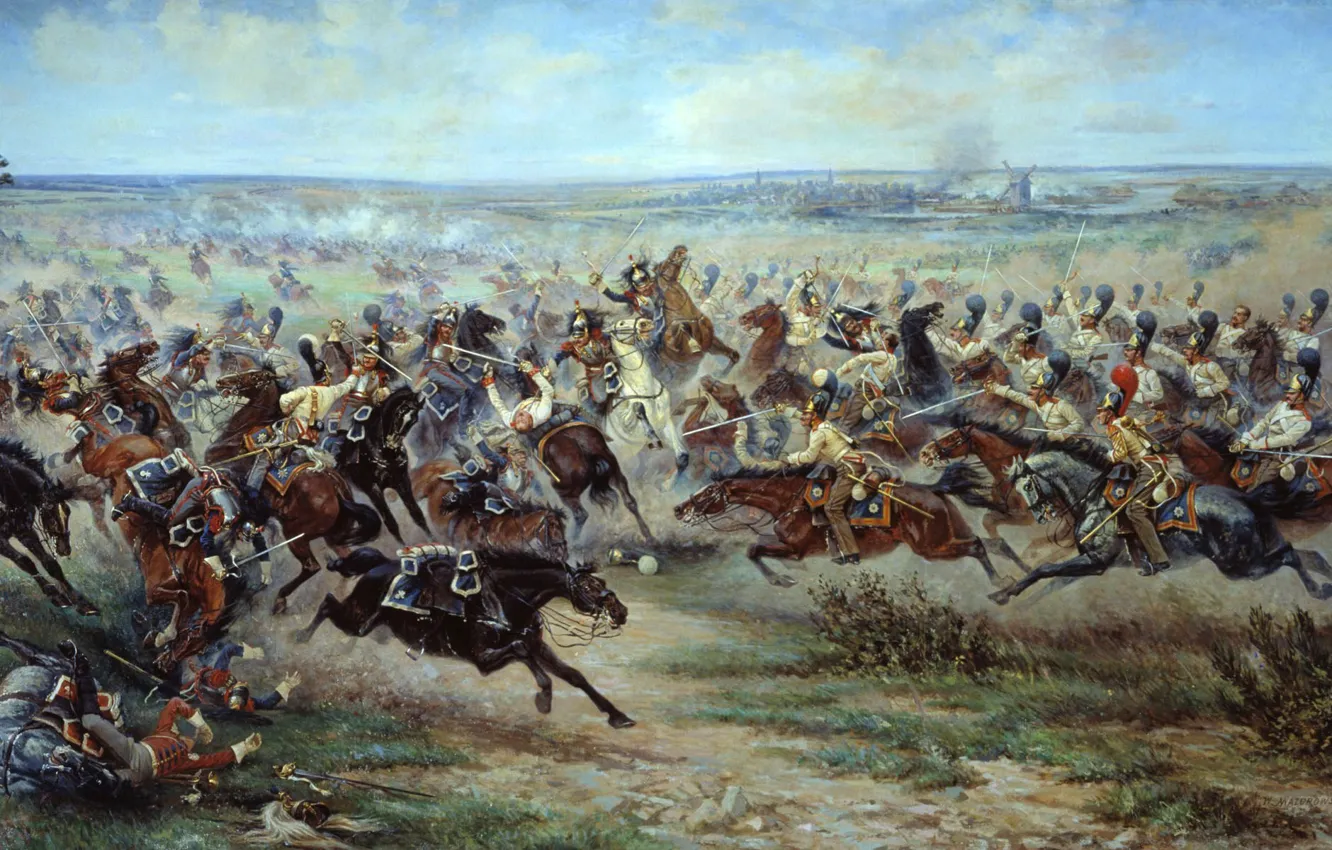 Photo wallpaper field, war, smoke, soldiers, artist, battle, cavalry, mazurovskii