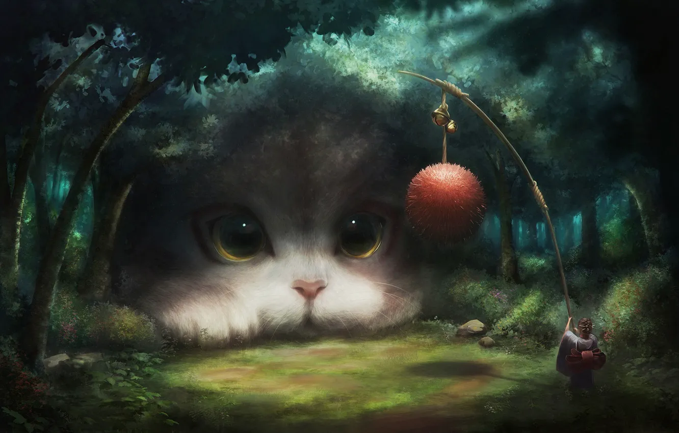 Photo wallpaper girl, fantasy, game, forest, eyes, Cat, clear, animal