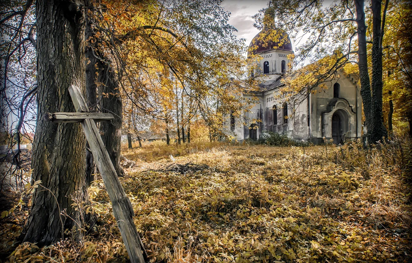 Photo wallpaper autumn, cross, Church
