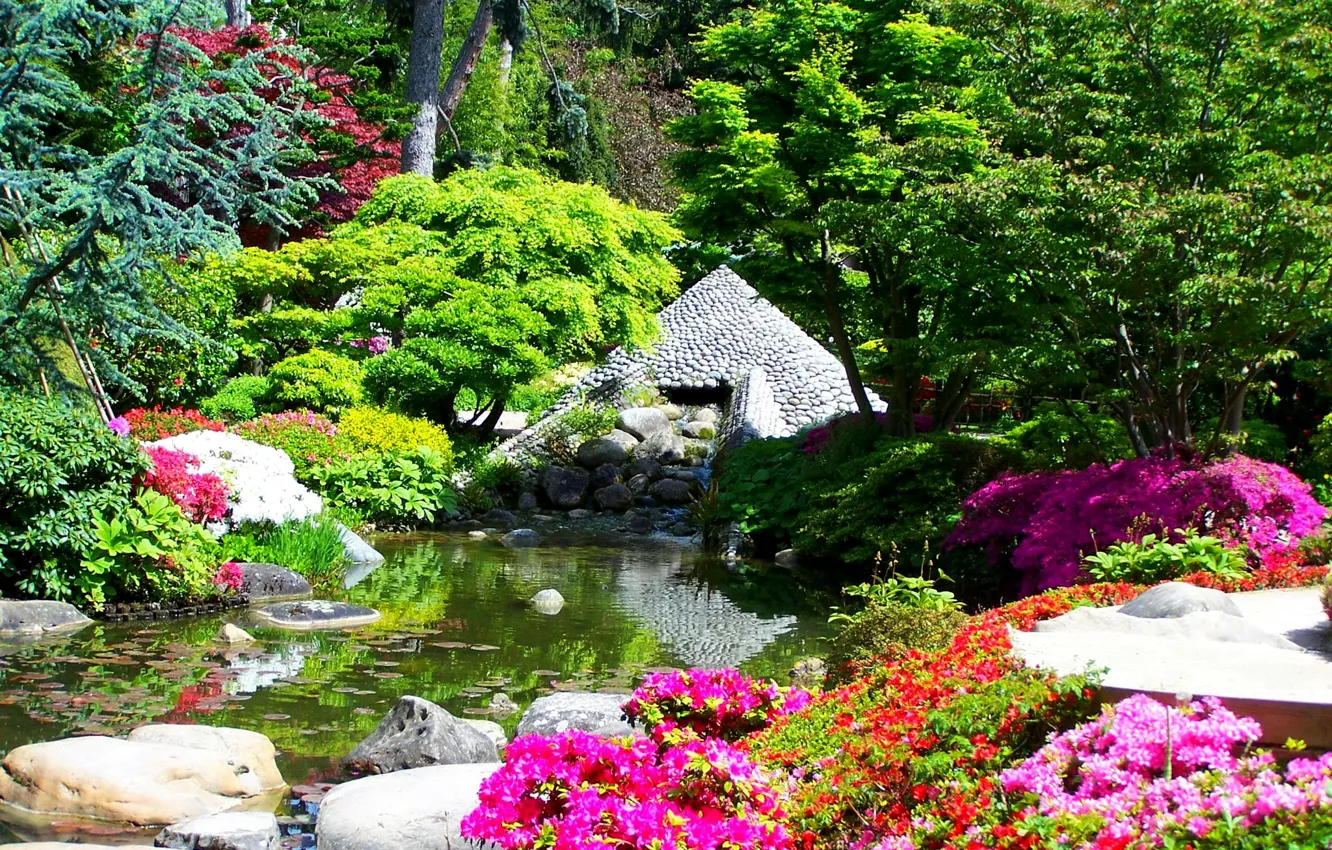 Photo wallpaper trees, flowers, pond, stones, France, garden, the bushes, Albert-Kahn Japanese gardens
