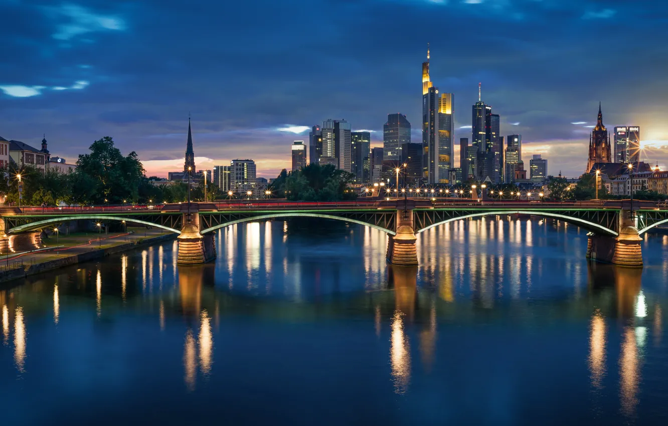 Photo wallpaper bridge, lights, river, the evening, Germany, skyline, Frankfurt am main
