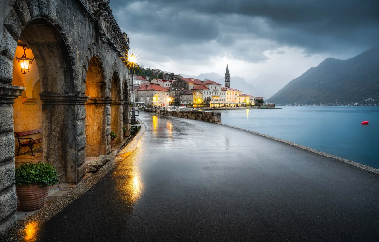 Photo wallpaper road, the sky, asphalt, clouds, light, mountains, the city, fog