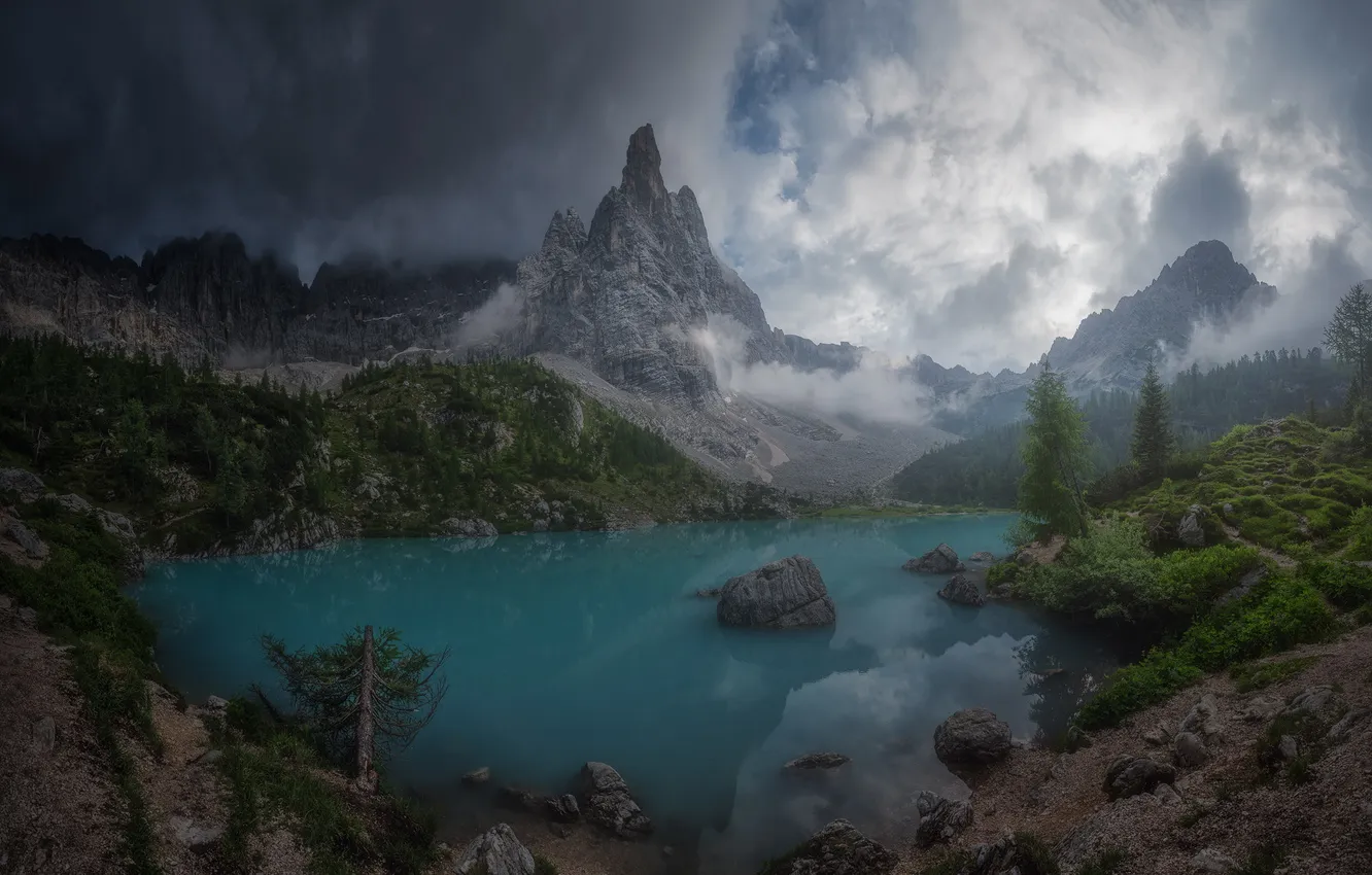 Photo wallpaper forest, clouds, mountains, fog, lake, stones, rocks, shore