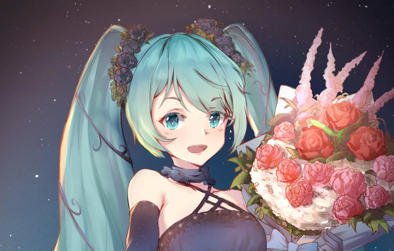 Photo wallpaper flowers, smile, bouquet, girl, Hatsune Miku, Vocaloid, Vocaloid, Hatsune Miku