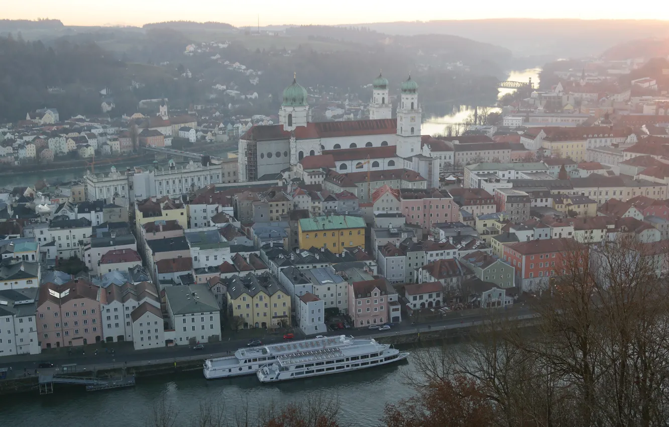 Photo wallpaper river, ship, Germany, Bayern, panorama, The Danube, Passau, Inn