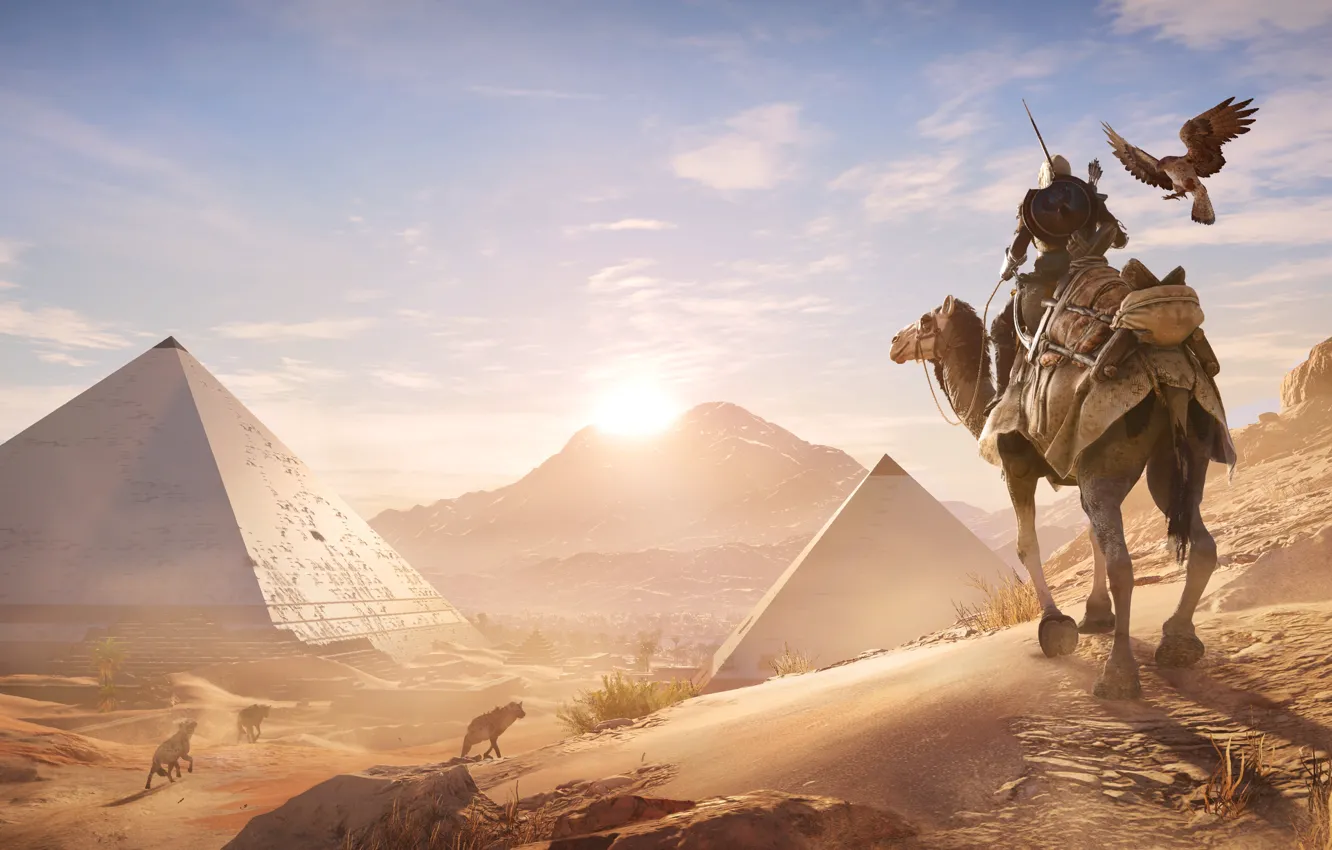 Photo wallpaper sand, bird, desert, camel, pyramid, Egypt, Assassin's Creed Origins