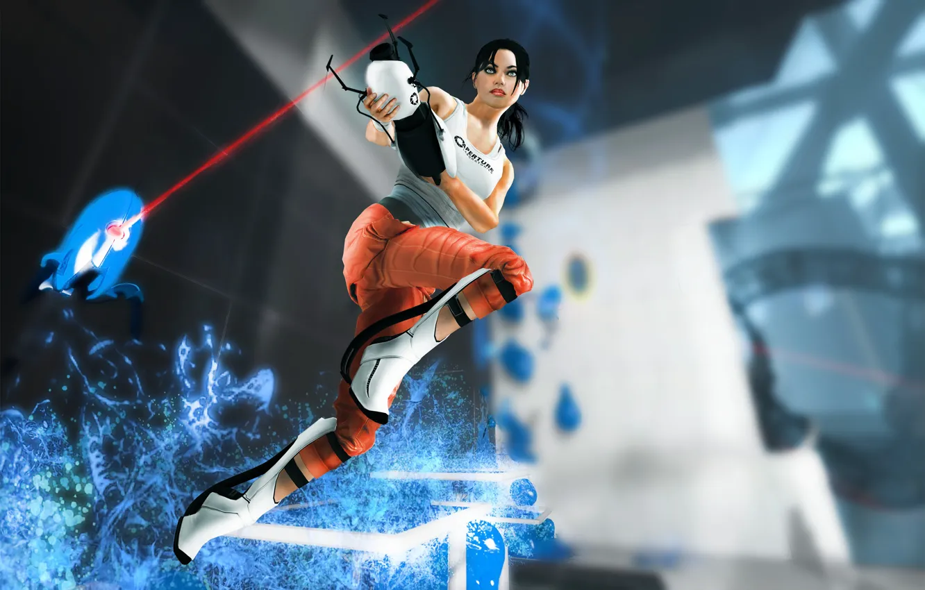 Photo wallpaper look, girl, face, hair, robot, Mike, Portal, chell