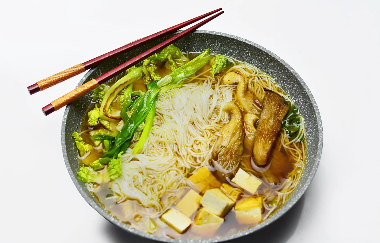 Photo wallpaper greens, mushrooms, Broth, noodles, Ramen