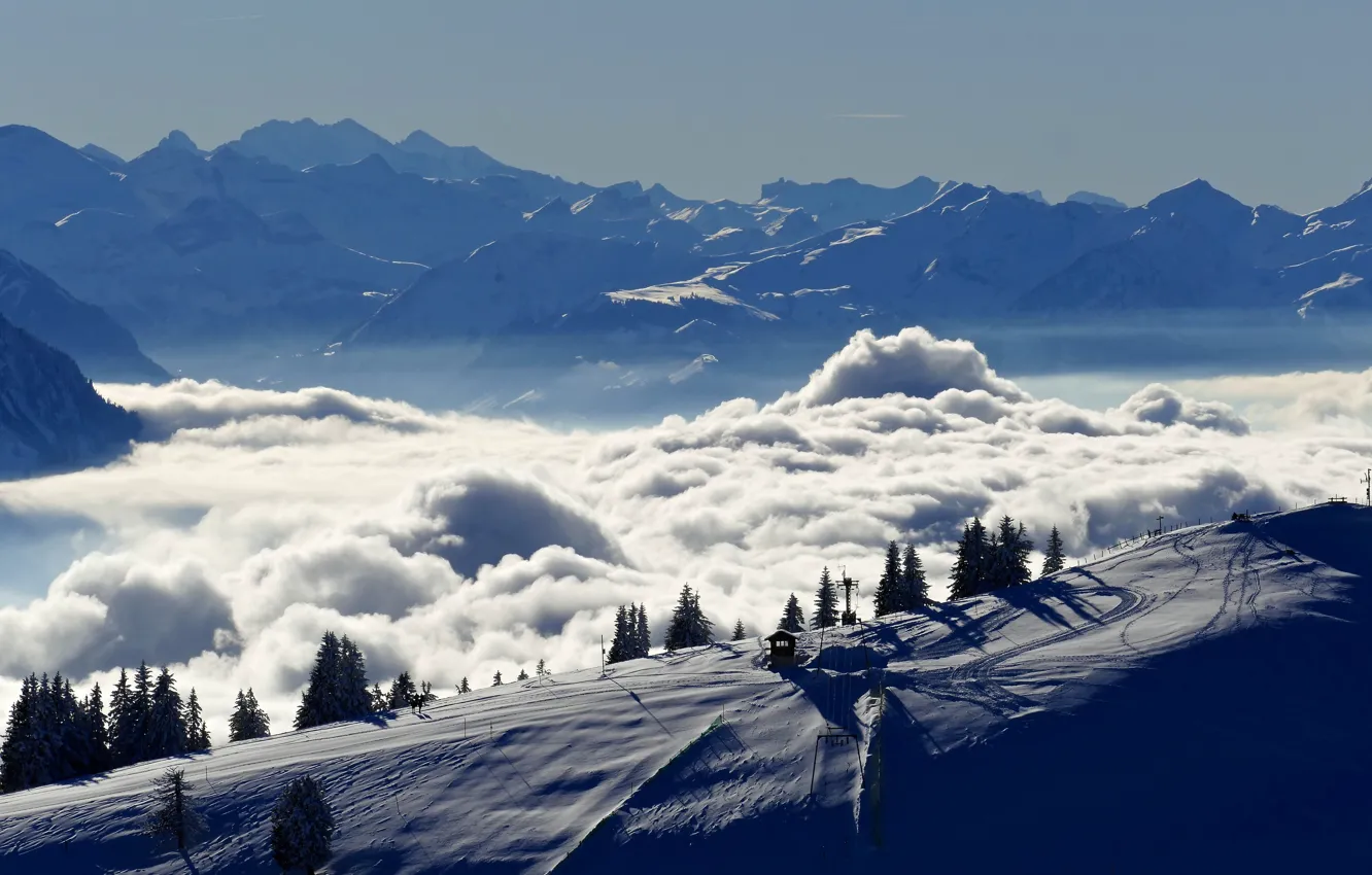Photo wallpaper winter, clouds, snow, trees, landscape, mountains, nature, Switzerland