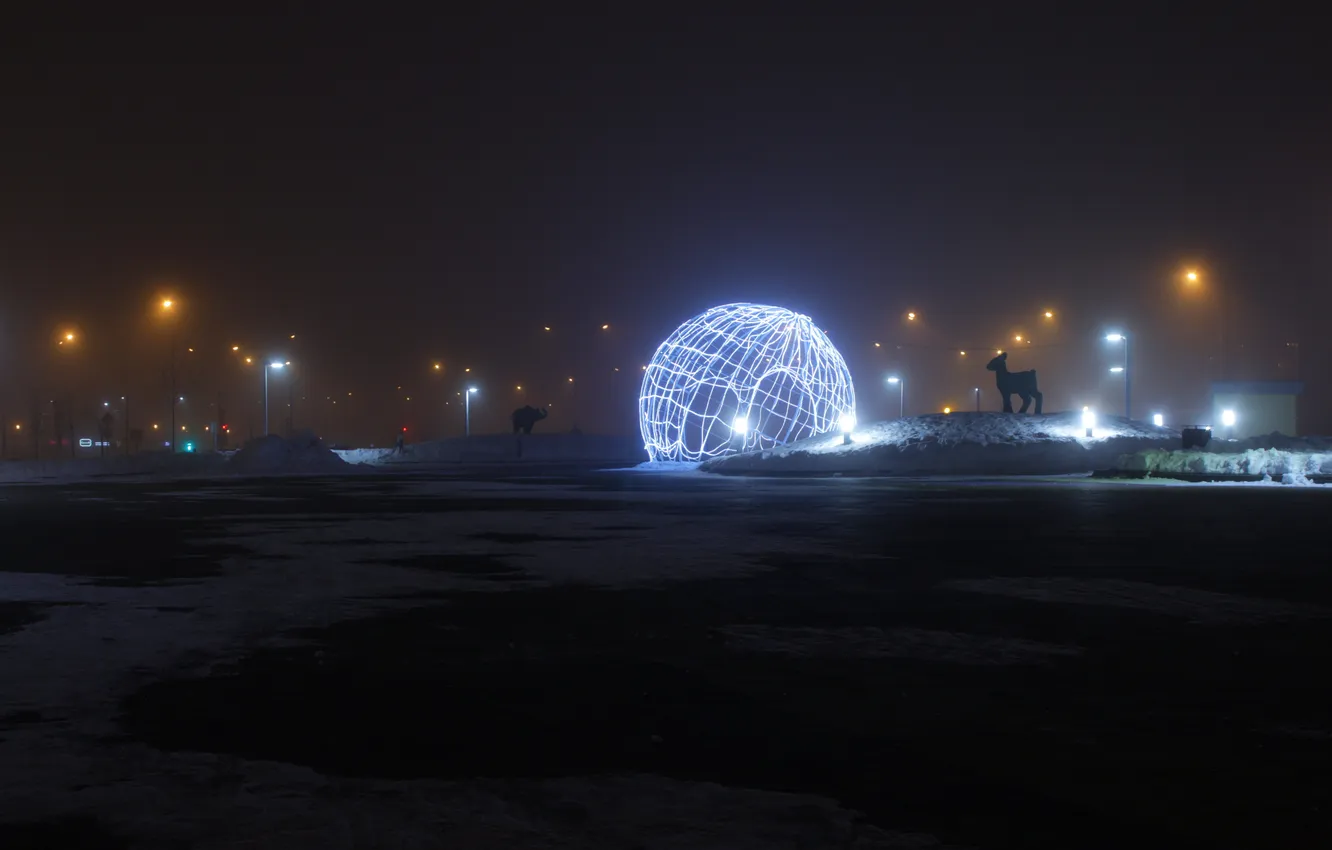 Photo wallpaper snow, fog, ball, spring, morning, lights, Russia, architecture