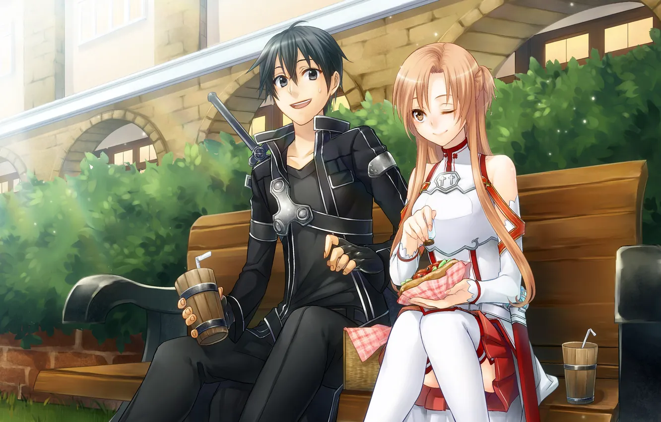 Photo wallpaper girl, guy, anime, art, sword art online, yuuki asuna, kirito