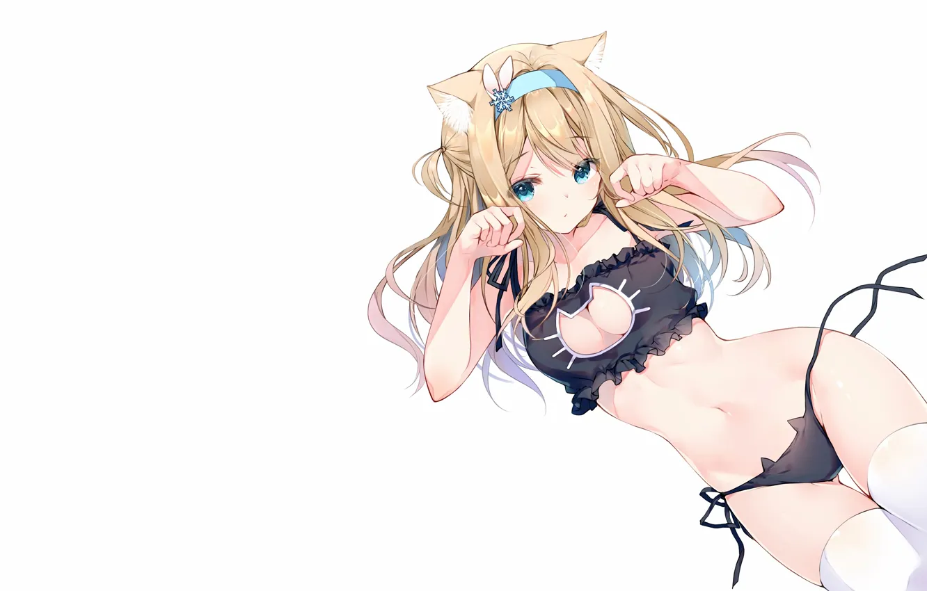 Photo wallpaper girl, sexy, lingerie, bra, cleavage, panties, thighhighs, long hair