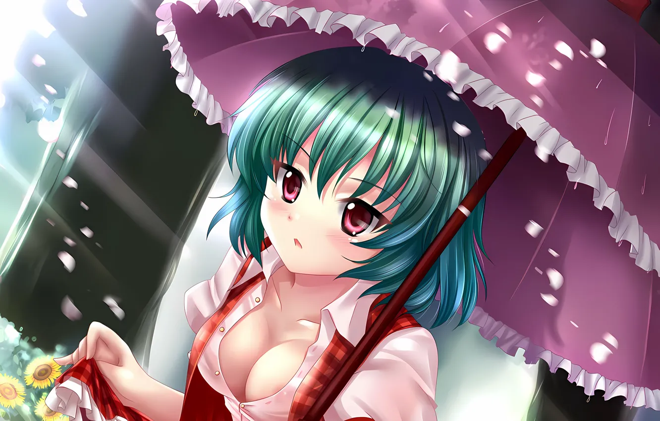 Photo wallpaper girl, sexy, cleavage, rain, touhou, boobs, umbrella, anime