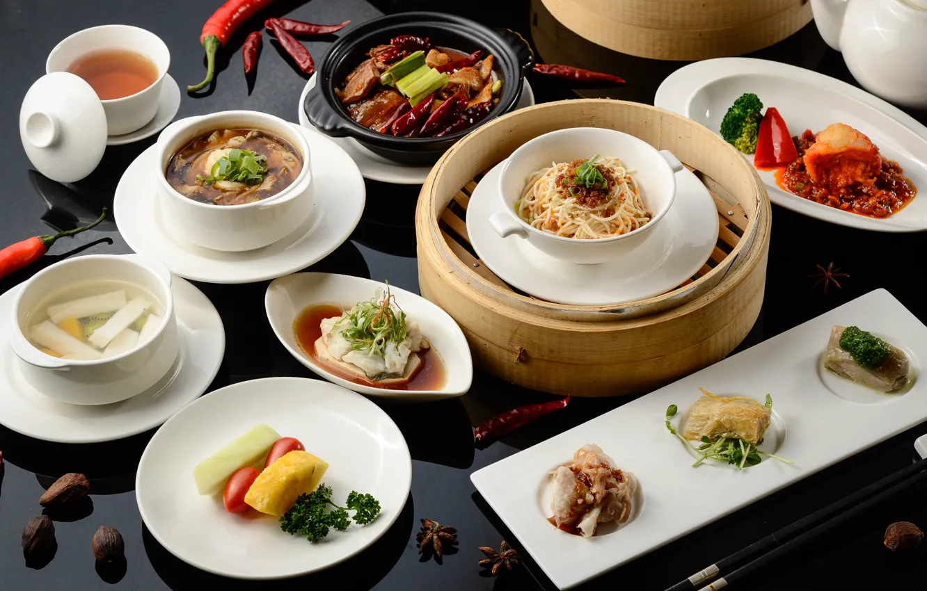 Photo wallpaper soup, dishes, vegetables, dish, cuts, pasta