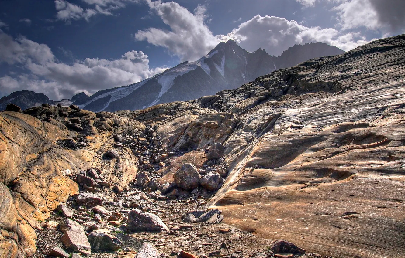 Photo wallpaper clouds, snow, mountains, stones, rocks, boulders