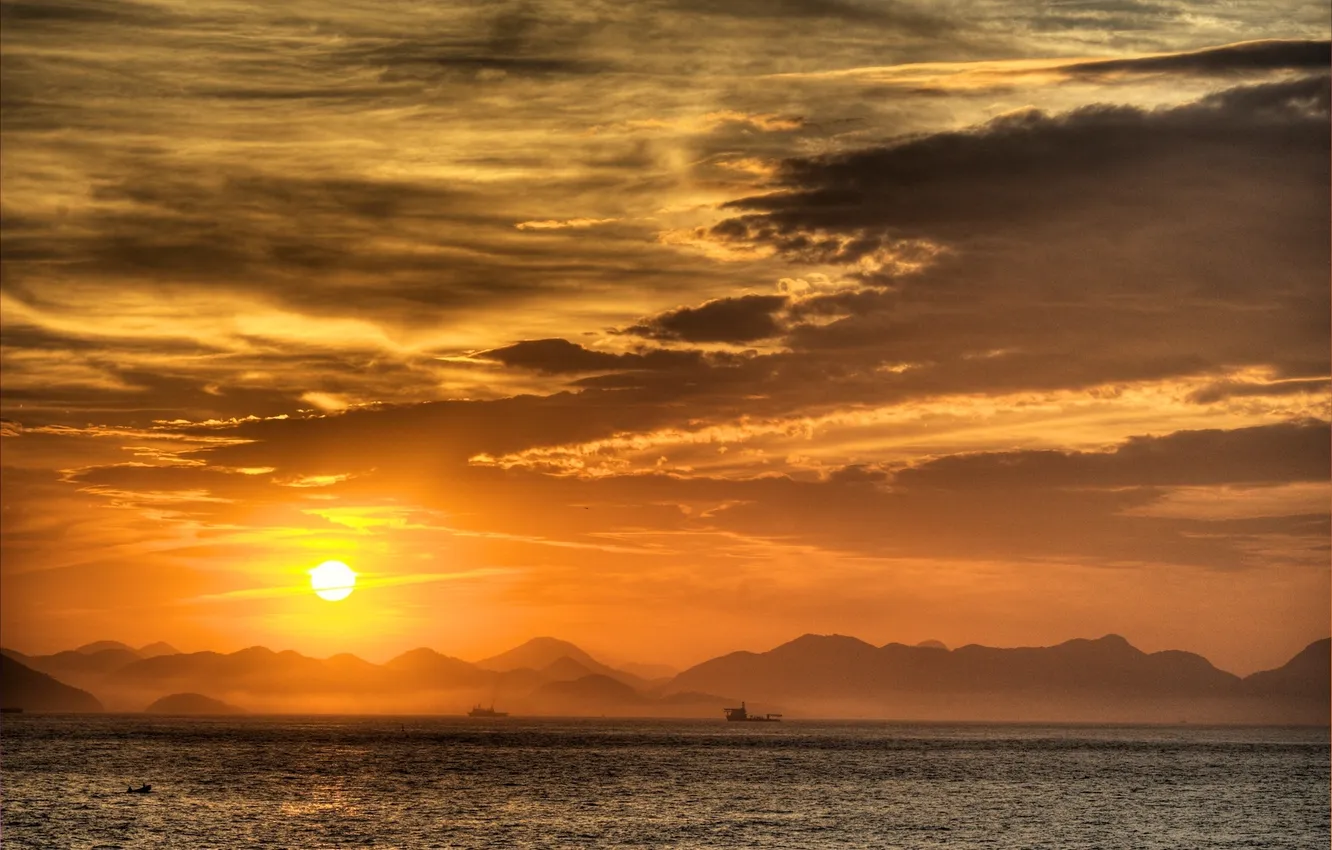 Photo wallpaper sea, water, clouds, sunset, mountains, ship